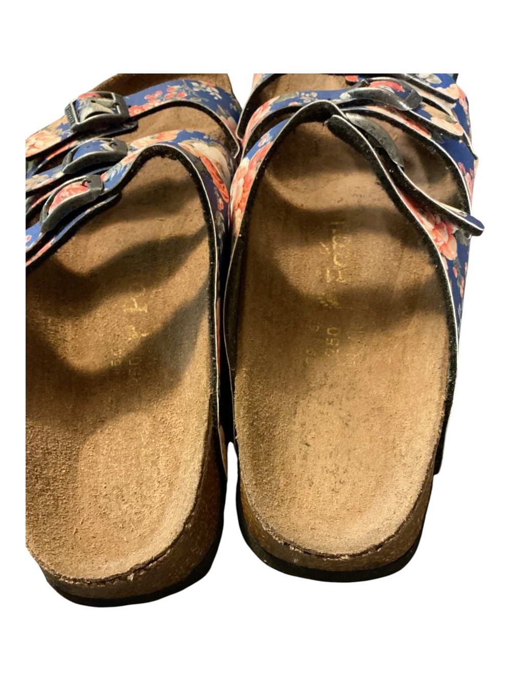 Floral Triple-Buckle Slide Sandals - Blue with Peach Roses - Picture 4 of 5